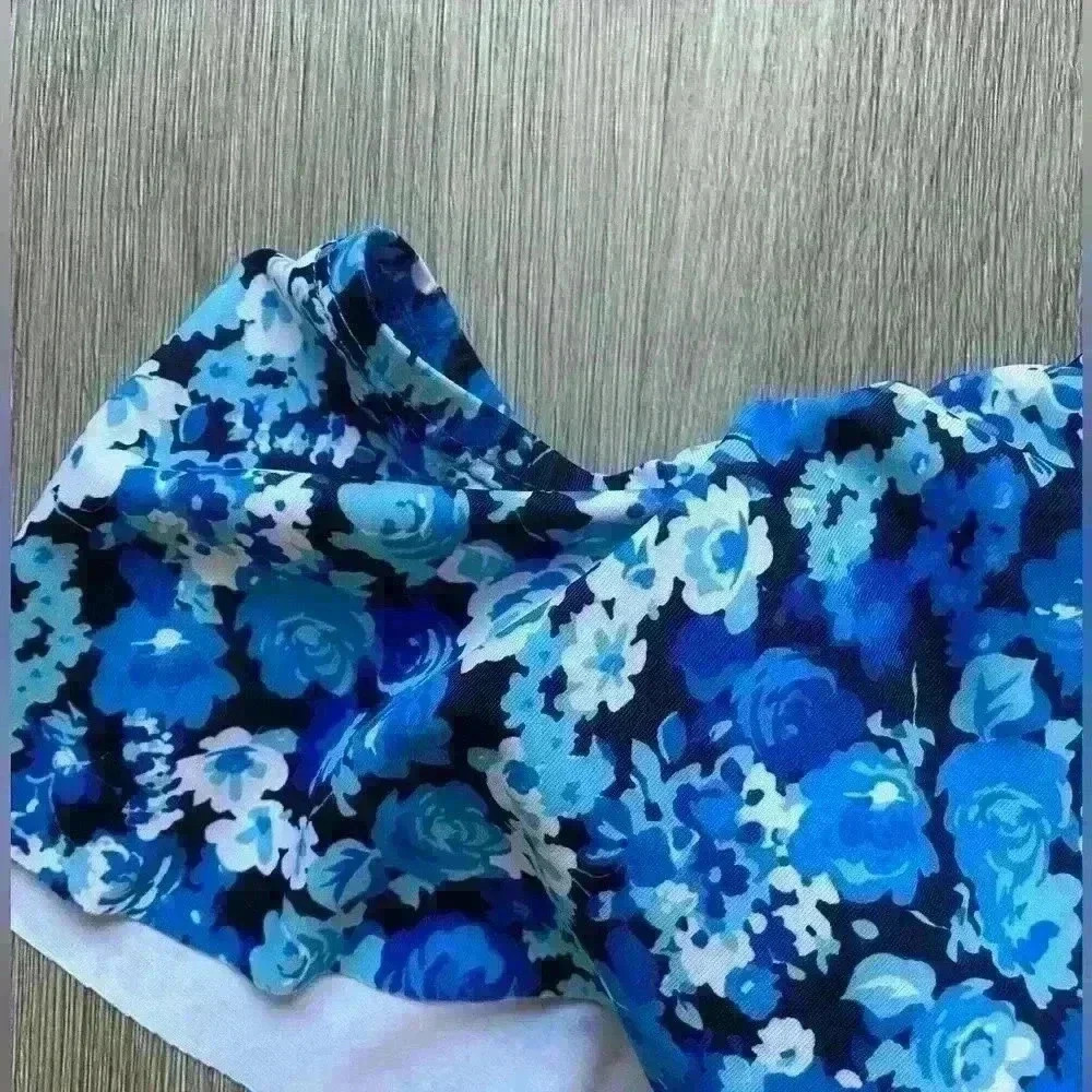 Blue floral one piece swimsuit, size small, off the shoulder w/ruflle - Picture 2 of 7